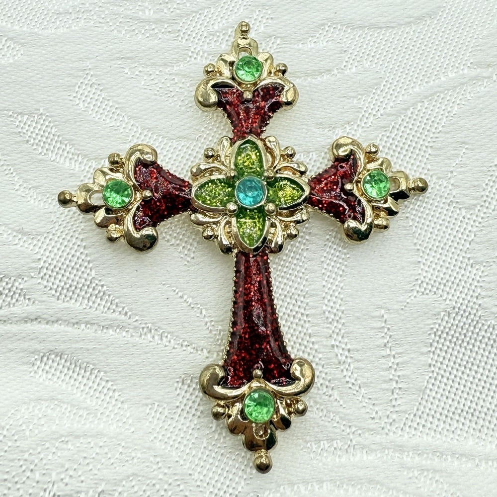 Haskell Signed Red and Green Gold Tone Rhinestone & Enamel Cross Brooch